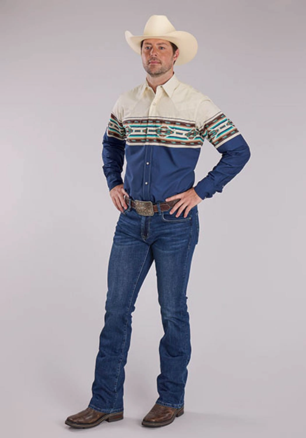 EasyCare Fabric Layered Sleeve Cuffs Roper Mens Vintage Aztec Border Blue 100% Cotton L/S Shirt