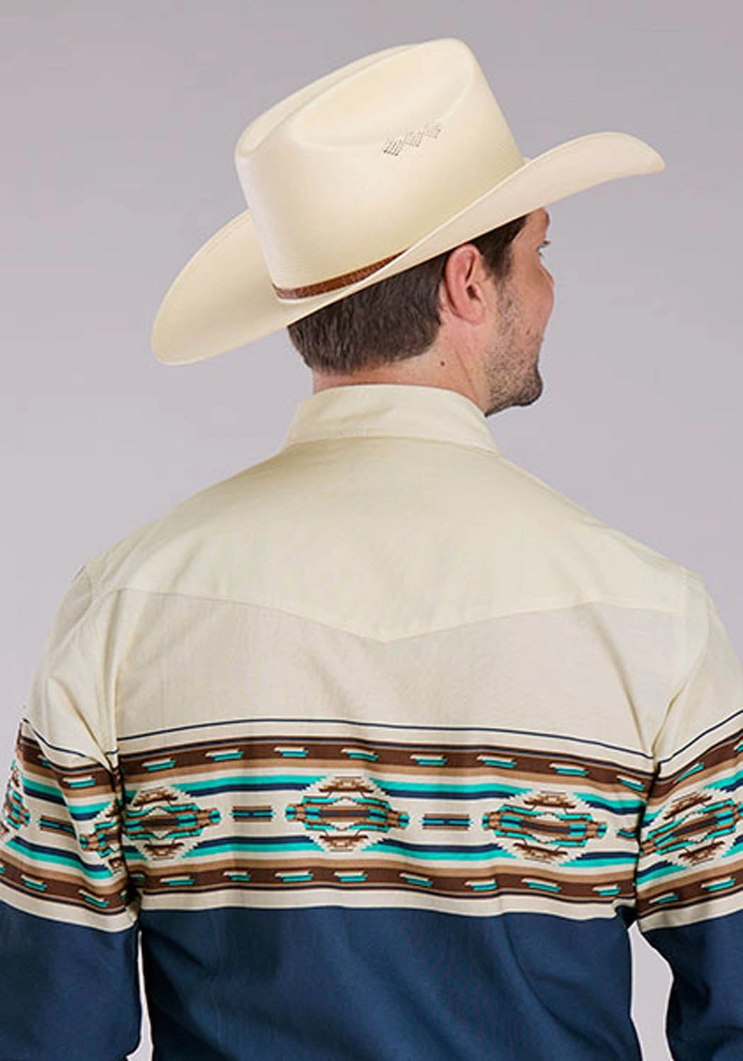 Anti Pilling Finish Flexible Movement Roper Mens Vintage Aztec Border Blue 100% Cotton L/S Shirt