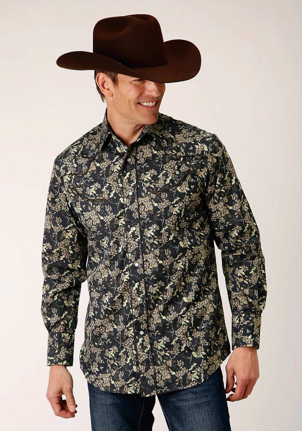 Durable Quality Roper Mens Vintage Dark Floral Black Cotton Blend L/S Shirt