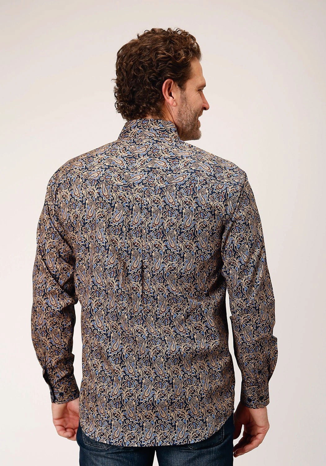Reinforced Elbow Patches Matte Finish Roper Mens Vintage Paisley Blue 100% Cotton L/S Shirt