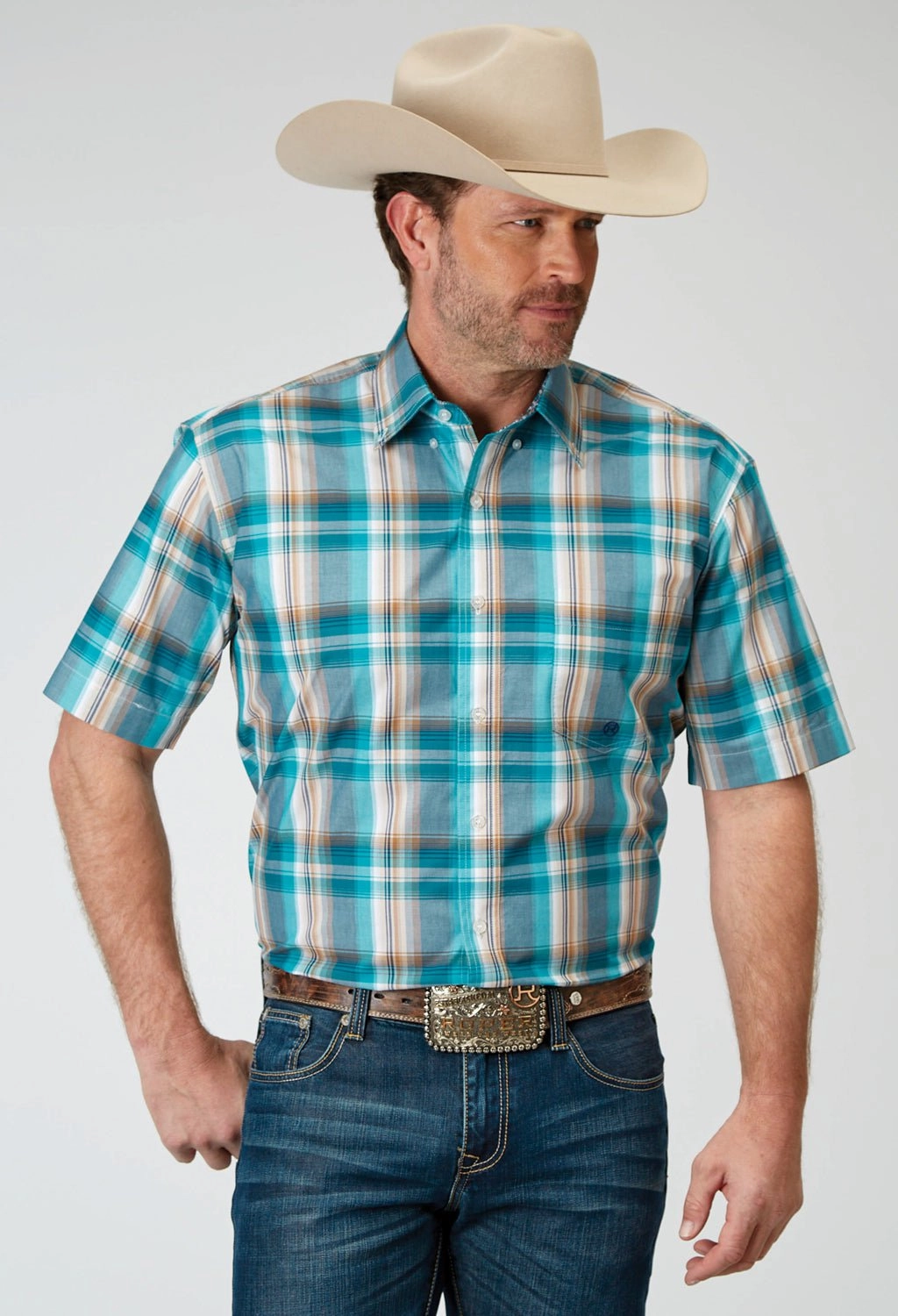 Roper Mens Waters Edge Plaid Multi-Color 100% Cotton S/S Shirt Trendsetting Design