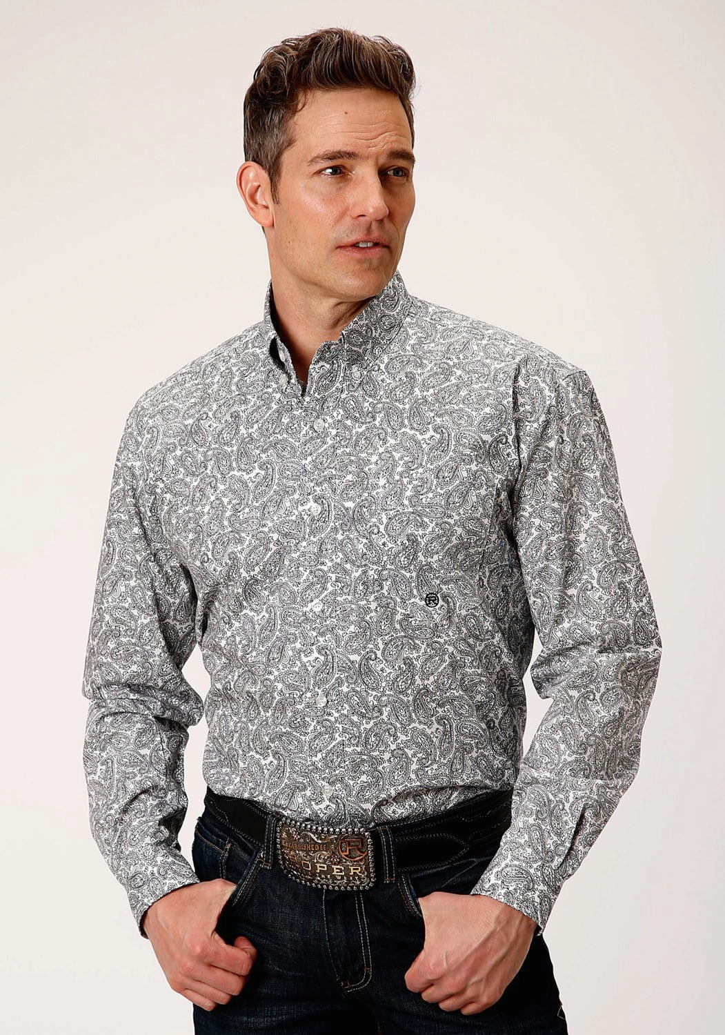 Roper Mens White 100% Cotton Line Paisley BD L/S 1 Pkt Shirt Pullover Design