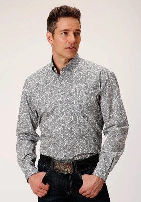 Roper Mens White 100% Cotton Line Paisley BD L/S 1 Pkt Shirt Urban Fashion Black Tie Optional