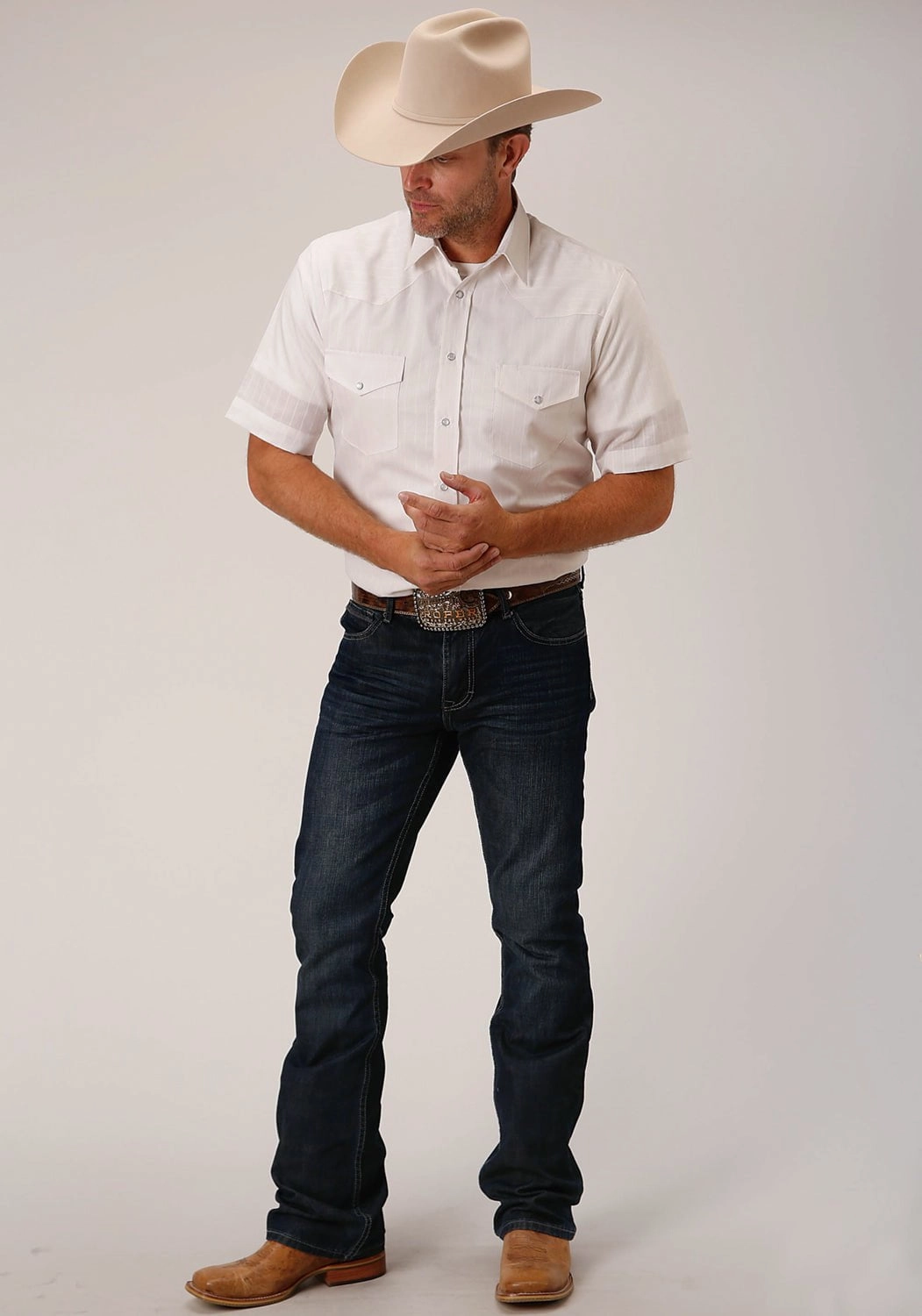 Low Profile Pocket Design Eco Friendly Material Roper Mens White Cotton Blend Diamond Stripe S/S Shirt