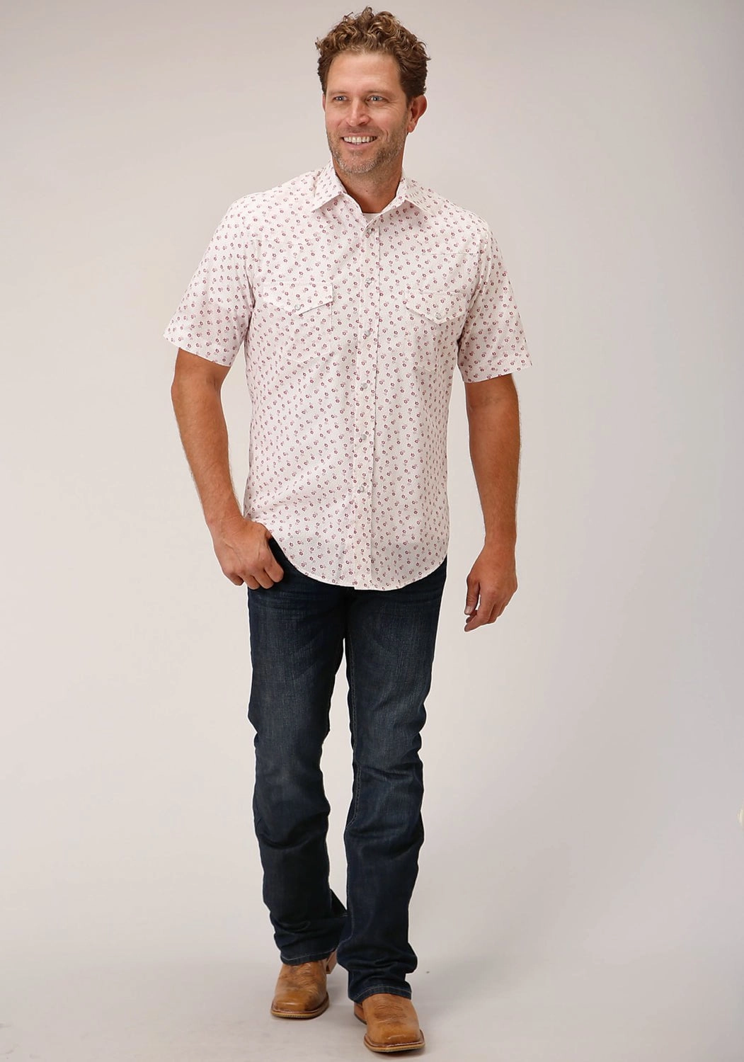 handmade touch Zip Front Roper Mens White/Red Cotton Blend Floral S/S 55/45 Shirt