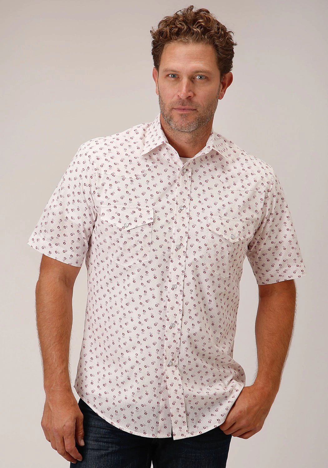 Polished Style Comfort-First Roper Mens White/Red Cotton Blend Floral S/S 55/45 Shirt