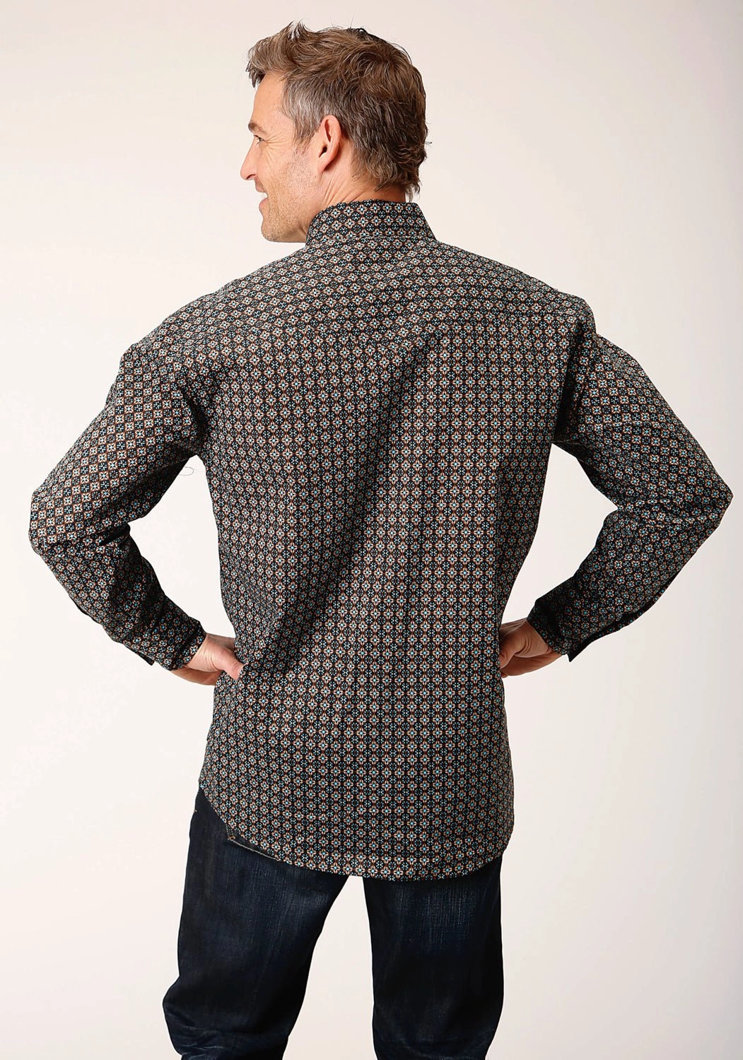 Button Down Design Roper Mens Wild West Foulard Brown 100% Cotton L/S Shirt