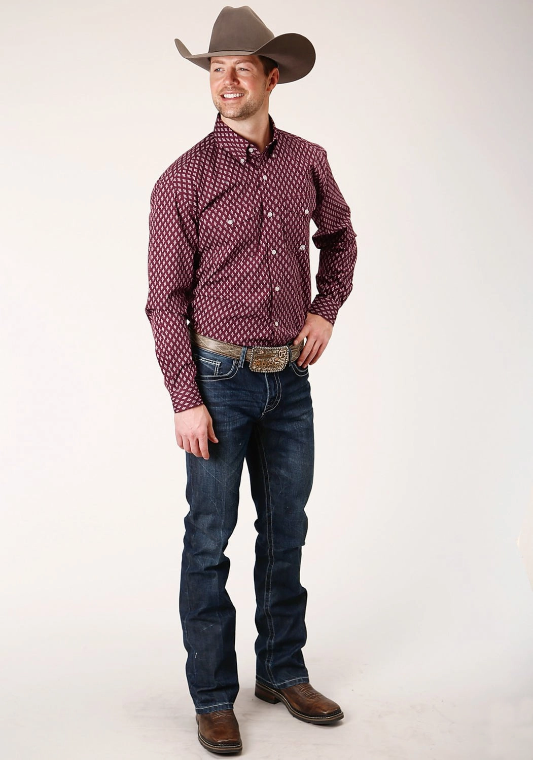 Casual Sophistication Casual Elegance Roper Mens Wine 100% Cotton Point Diamonds BD L/S Btn Shirt
