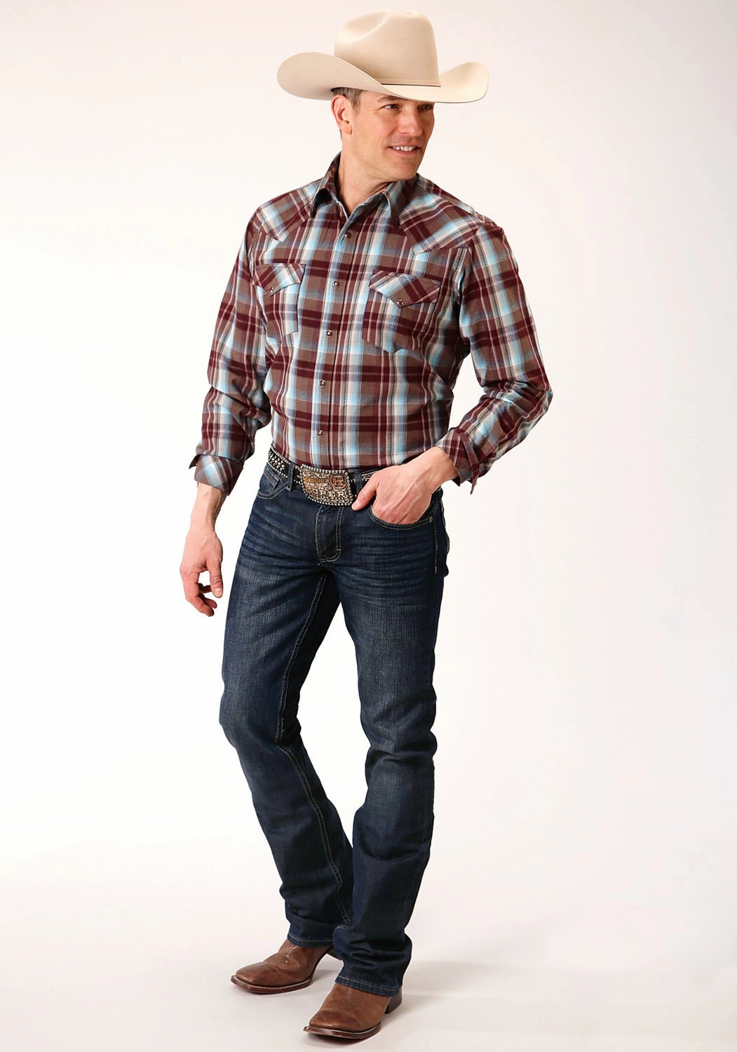 Snag Resistant Fabric Runway Inspired Roper Mens Wine 100% Cotton Southwest Plaid L/S Shirt