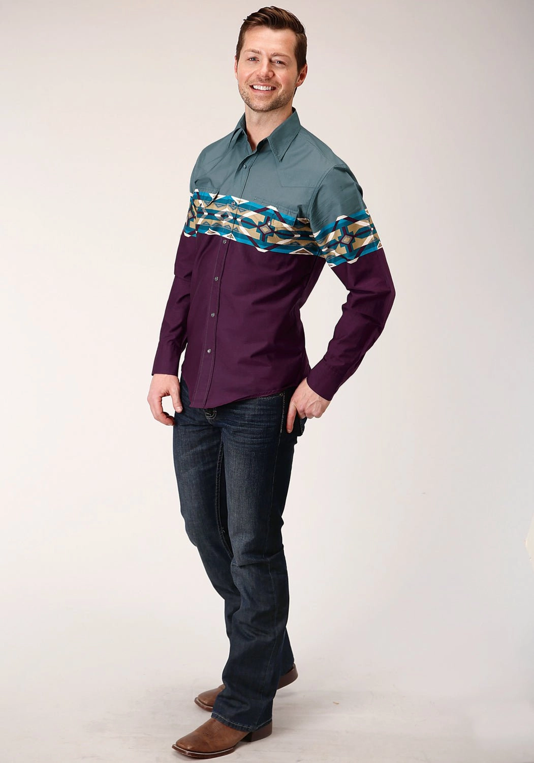 Neutral Toned Stitching Minimalist Style Roper Mens Wine 100% Cotton Tile Aztec L/S Snap Shirt