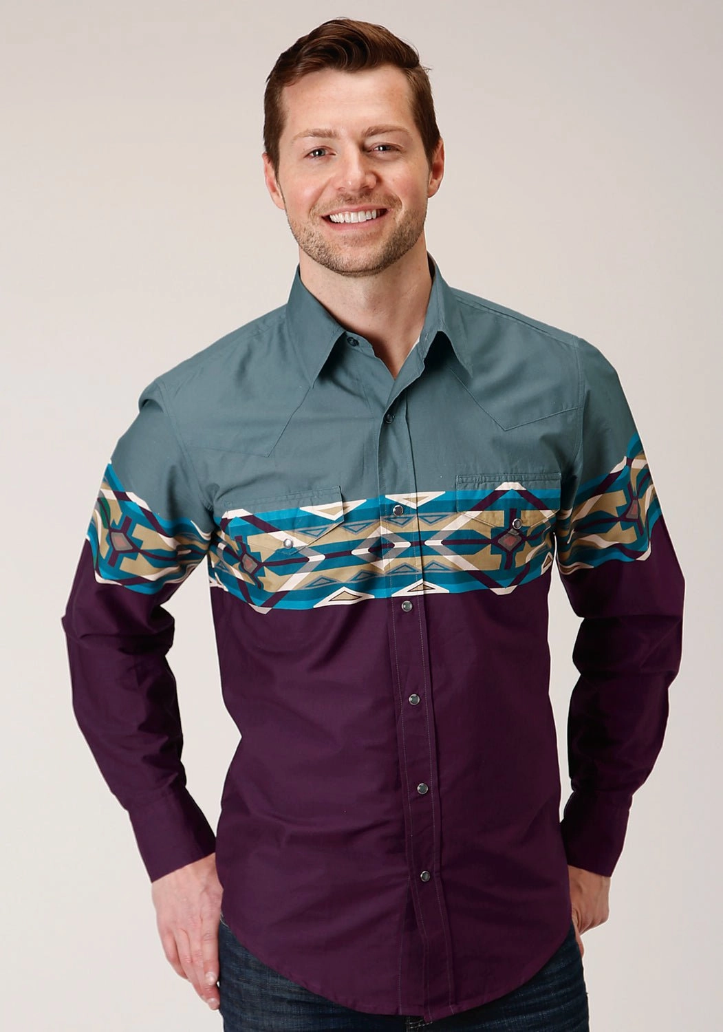 Roper Mens Wine 100% Cotton Tile Aztec L/S Snap Shirt Weekend Outing