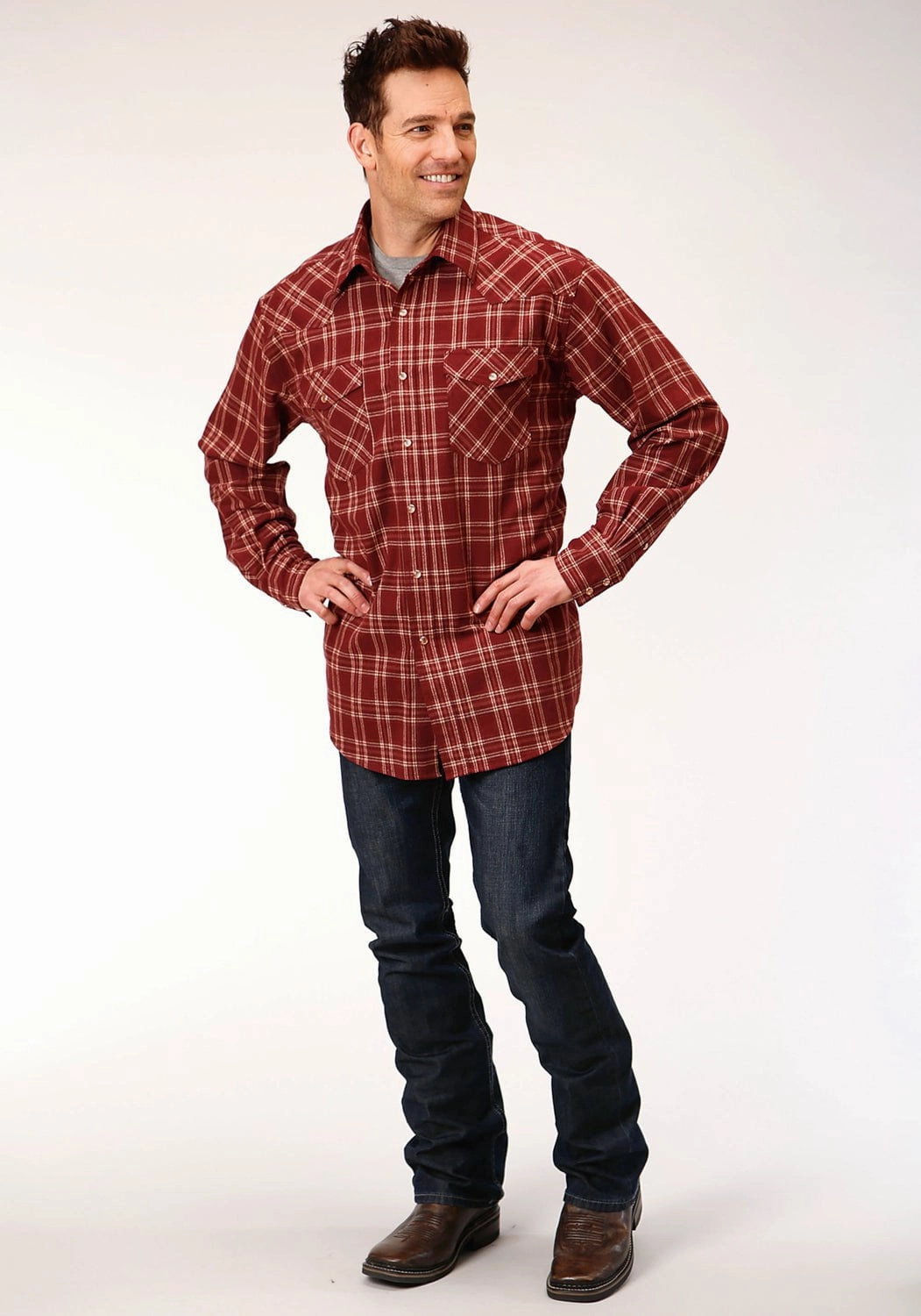 Reinforced Collar Roper Mens Wine 100% Cotton Unlined Flannel Plaid L/S Shirt