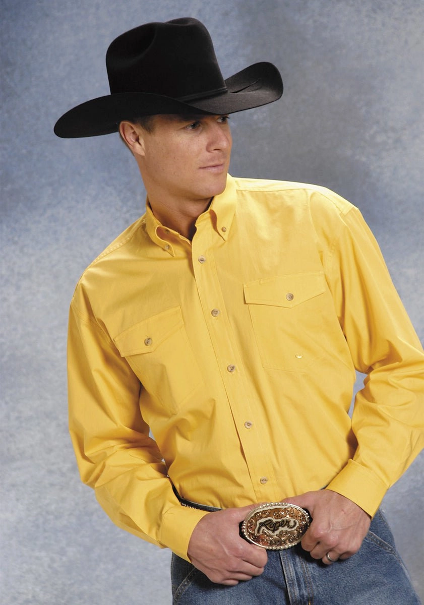 Roper Mens Yellow 100% Cotton L/S Button Down Solid Poplin Western Shirt Casual Hangout Metallic Finish