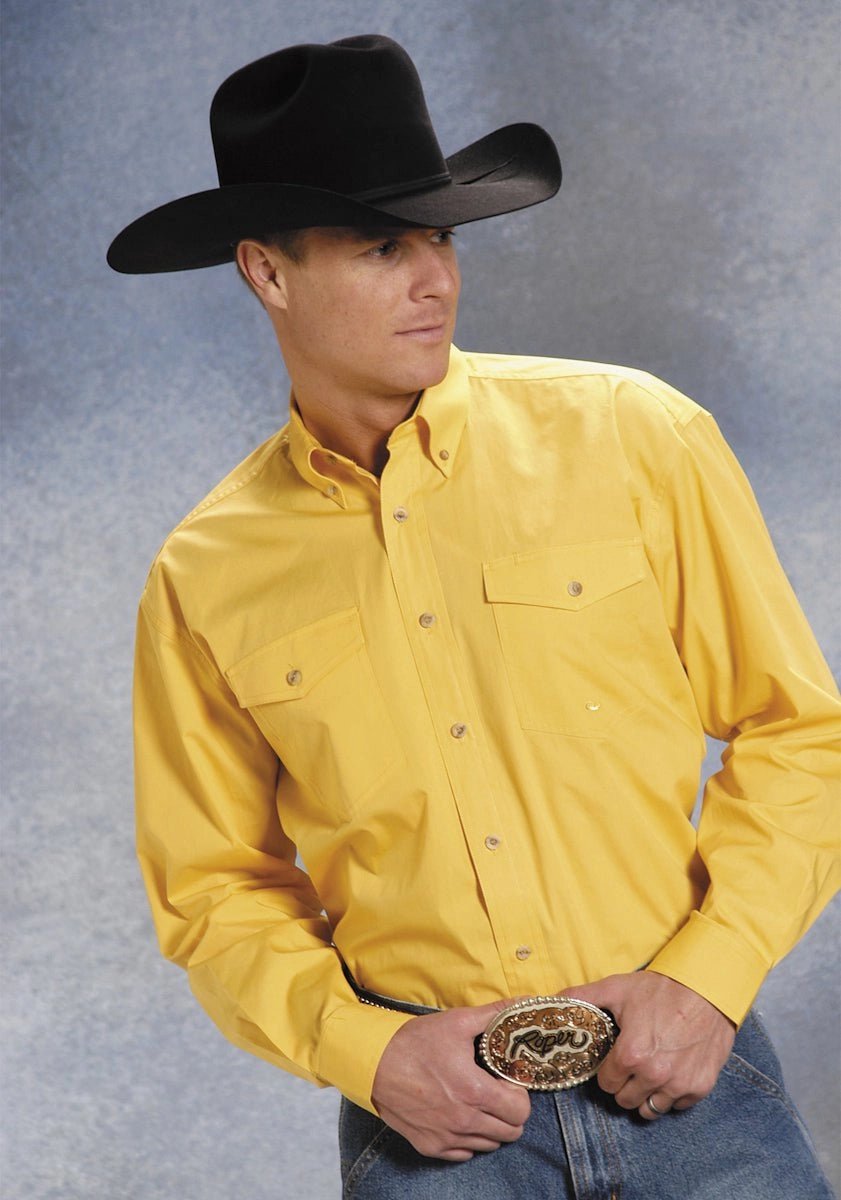 Roper Mens Yellow 100% Cotton L/S Button Down Solid Poplin Western Shirt No Slip Shoulder Grip