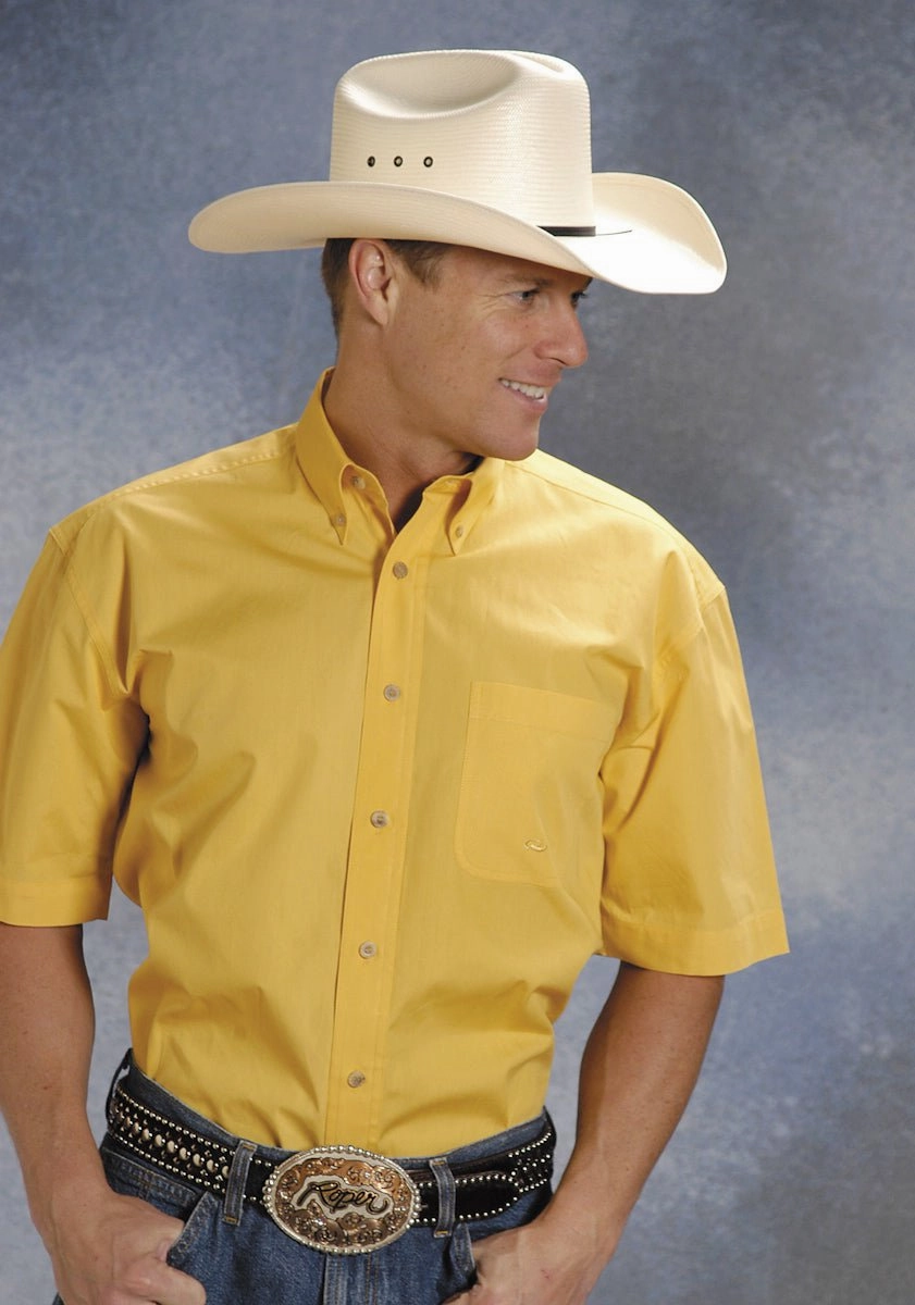 Warm Insulation Roper Mens Yellow 100% Cotton S/S 1 Pkt Button Down Poplin Western Shirt
