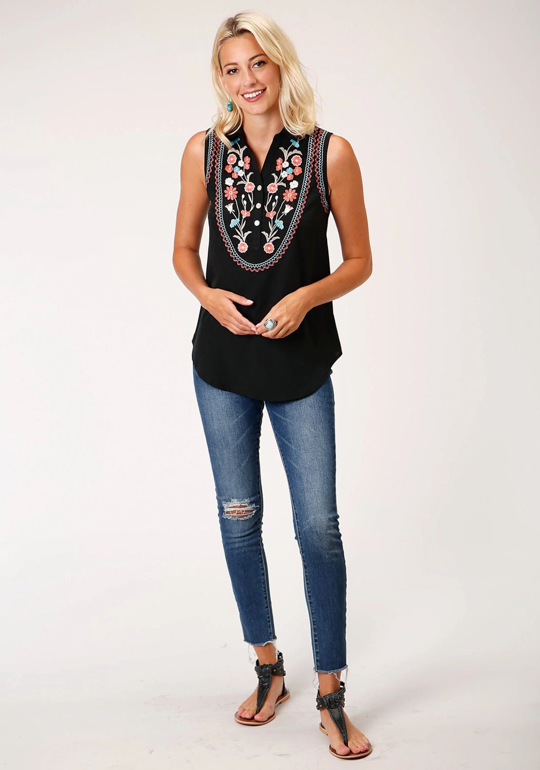 Roper Womens 1080 Floral Black 100% Polyester S/L Blouse Layered Design No Slip Shoulder Grips