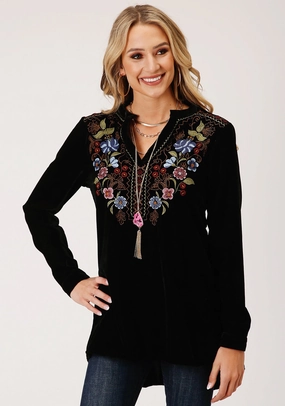 Roper Womens 1421 Floral Velvet Black 100% Polyester L/S Tunic Unmatched comfort