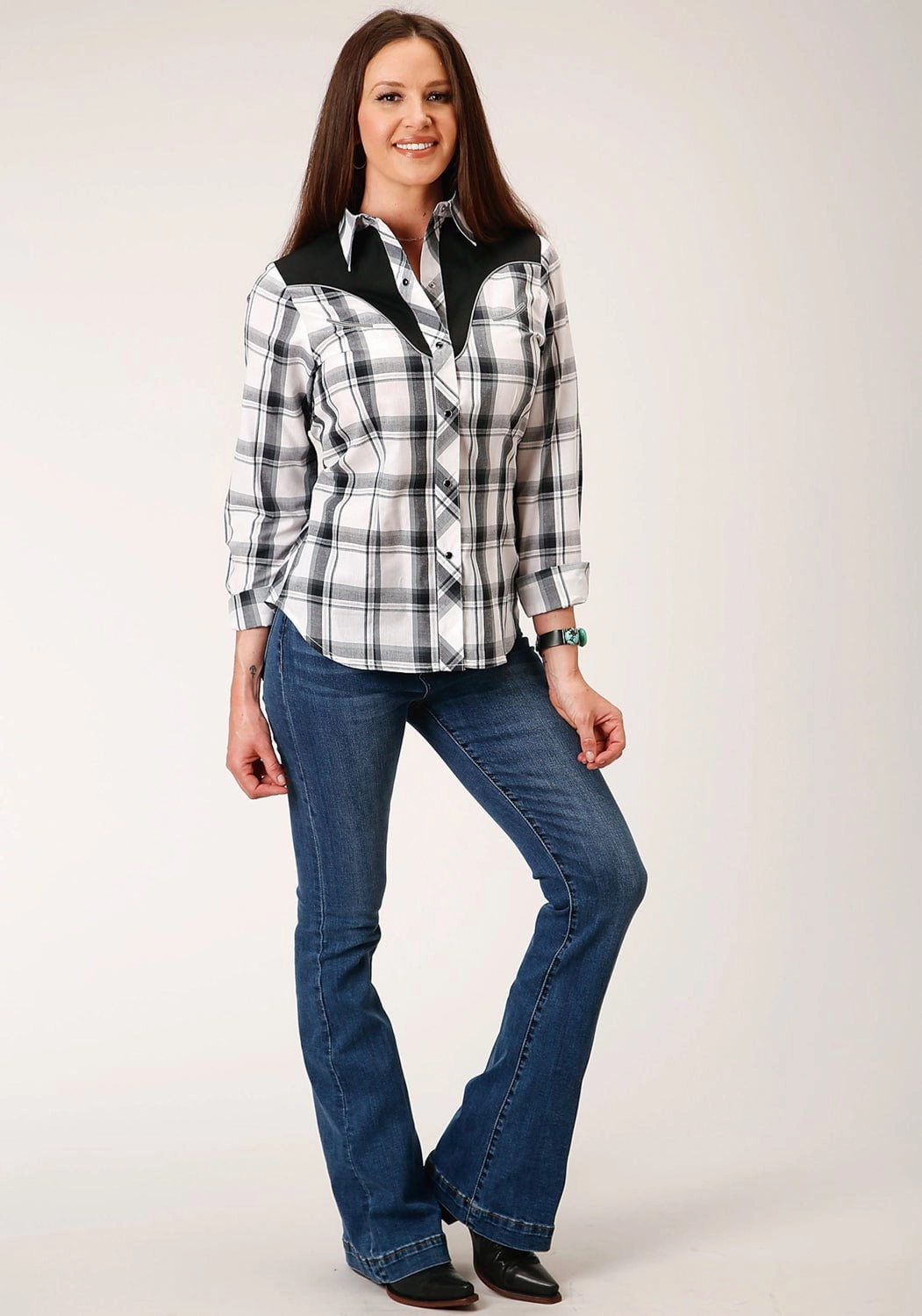 Roper Womens 1505 Plaid Black/Grey Cotton Blend L/S Shirt Warm Layers Anti Static Treatment