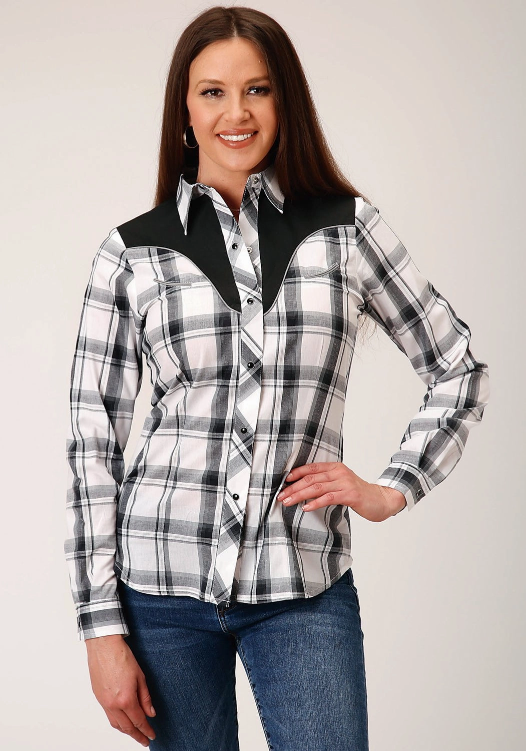 Roper Womens 1505 Plaid Black/Grey Cotton Blend L/S Shirt Everyday Essential Denim Blend