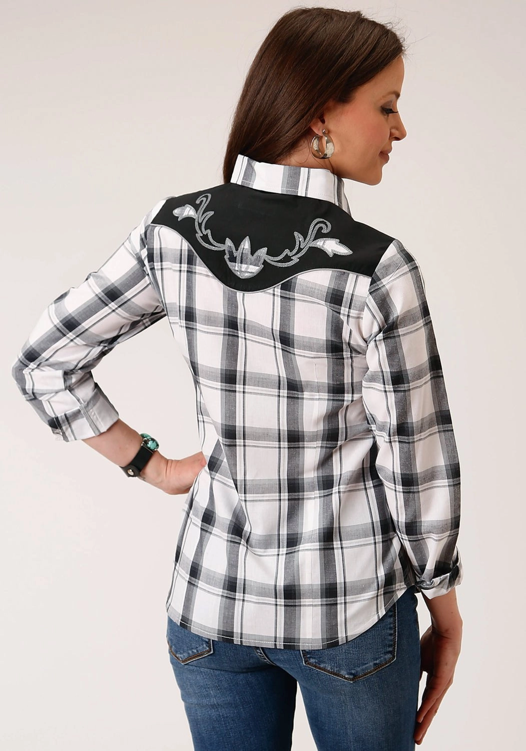 Trendy designs Printed Pattern Roper Womens 1505 Plaid Black/Grey Cotton Blend L/S Shirt