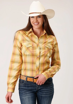 Coastal Vibes Twill Weave Roper Womens 1511 Plaid Yellow/Tangerine Cotton Blend L/S Shirt