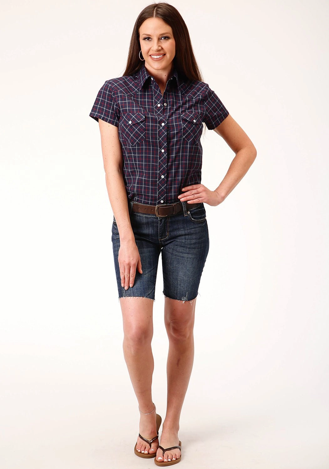 Eco friendly materials Anniversary Celebration Roper Womens 1513 Windowpane Navy/Red Cotton Blend S/S Shirt