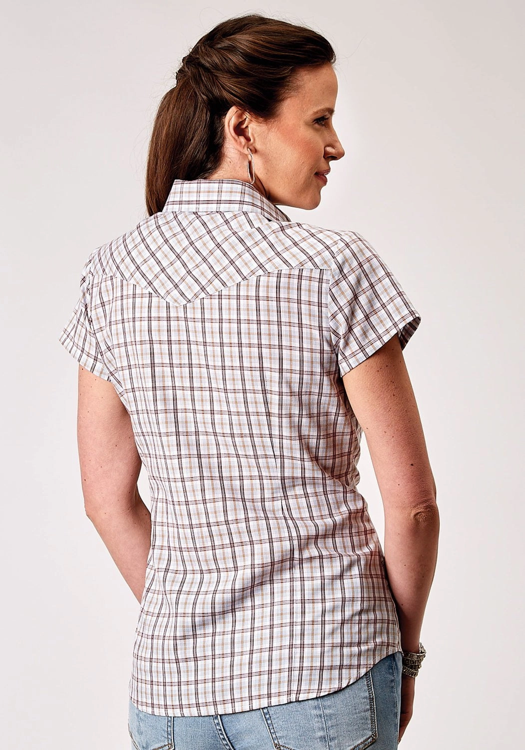 Roper Womens 1969 Vintage Plaid Cream Cotton Blend S/S Shirt Smooth Zipper Design Recycled Polyester Blend