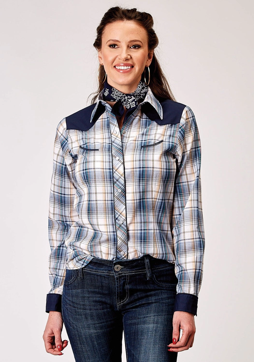 Static Dissipating Fiber Roper Womens 1971 Madras Plaid Blue Cotton Blend Retro L/S Shirt