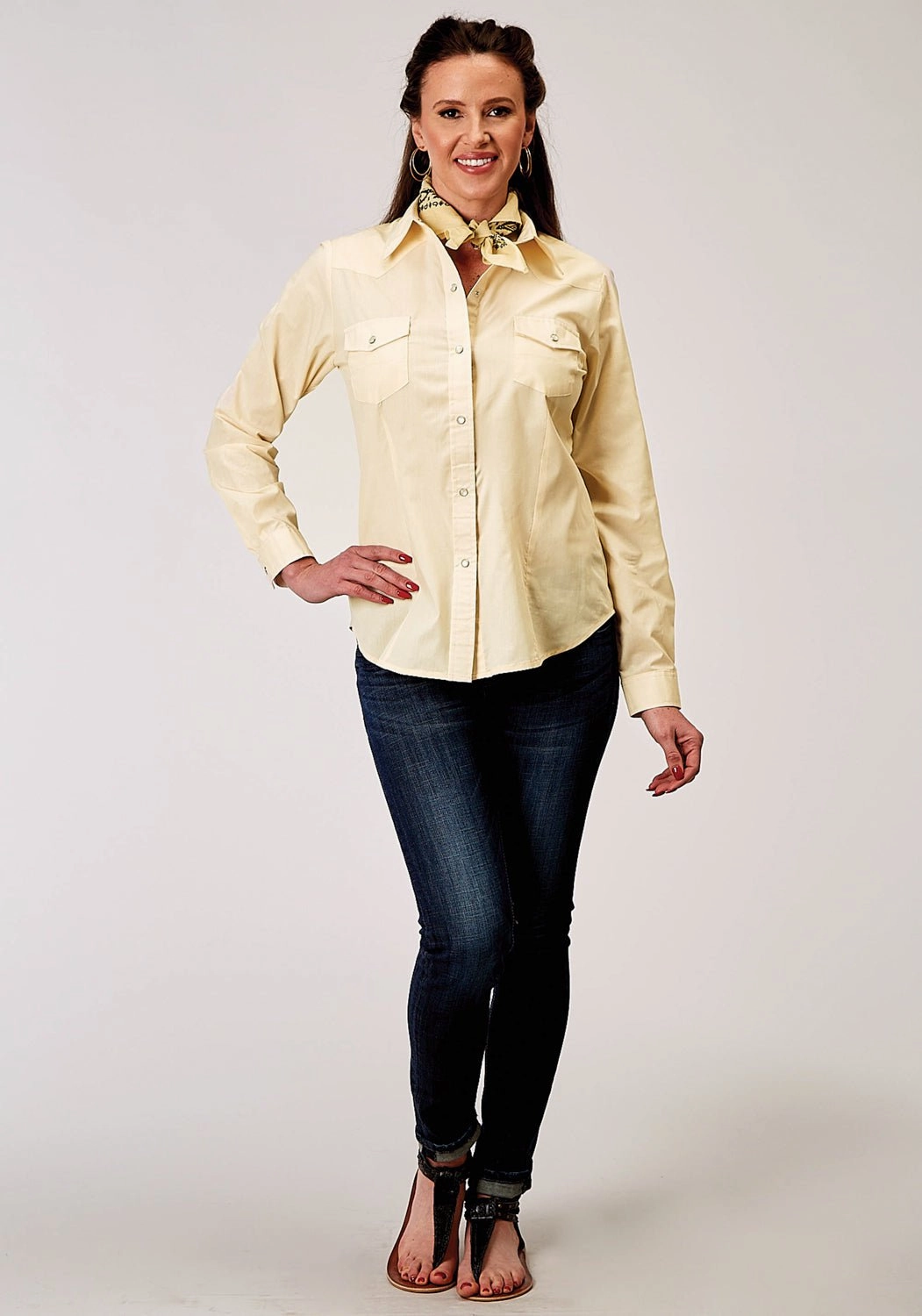 Roper Womens 1985 Solid Broadcloth Warm Ecru Cotton Blend L/S Shirt Plus size option