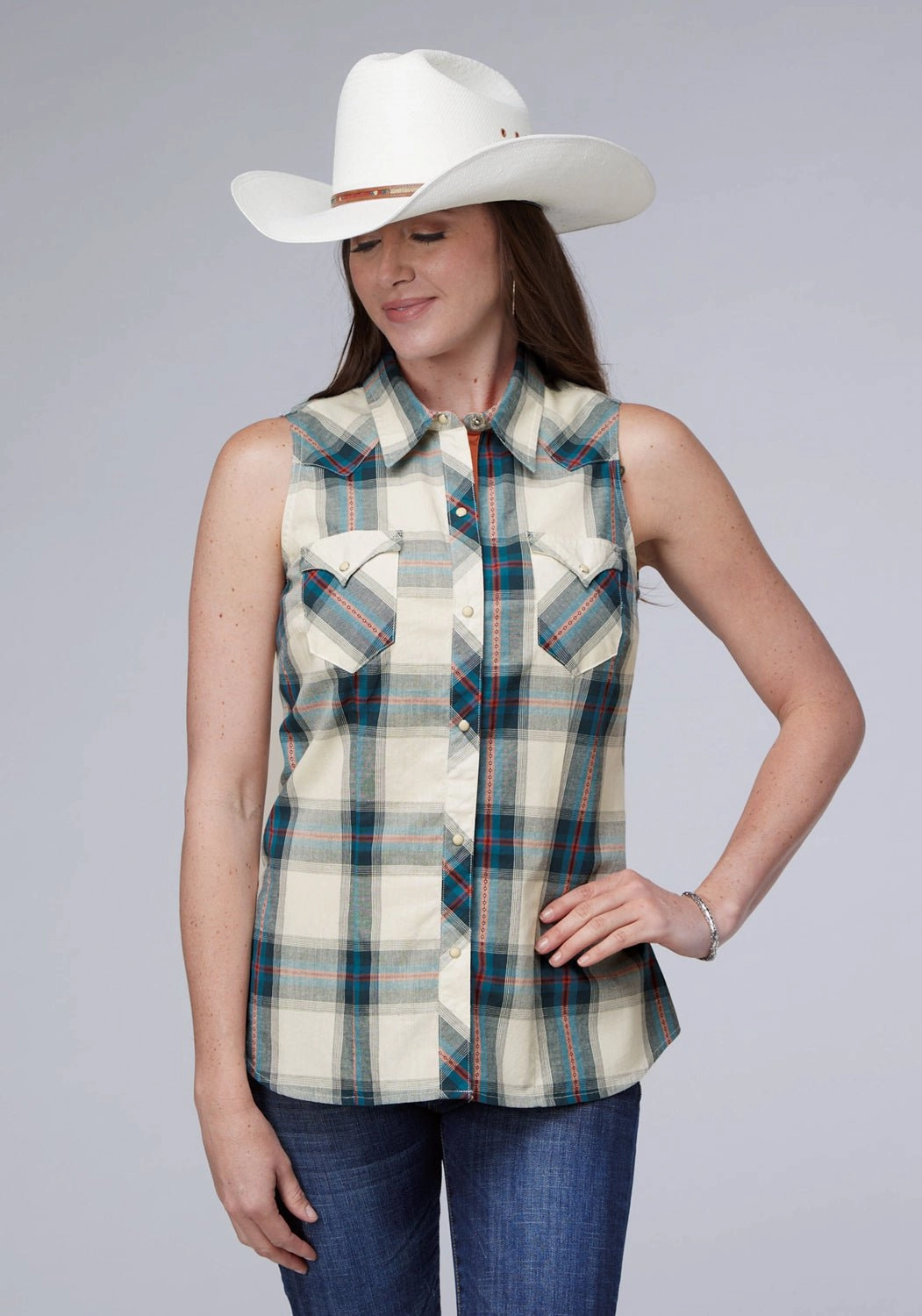 Tall Option Roper Womens 2006 Tile Plaid Multi-Color 100% Cotton S/L Shirt