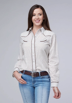 Roper Womens 2065 Mini Floral White/Black Cotton Blend L/S Shirt Unmatched comfort Conference Appropriate