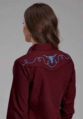 Roper Womens 2124 Broadcloth Longhorn Wine Cotton Blend L/S Shirt Compact Fold Design