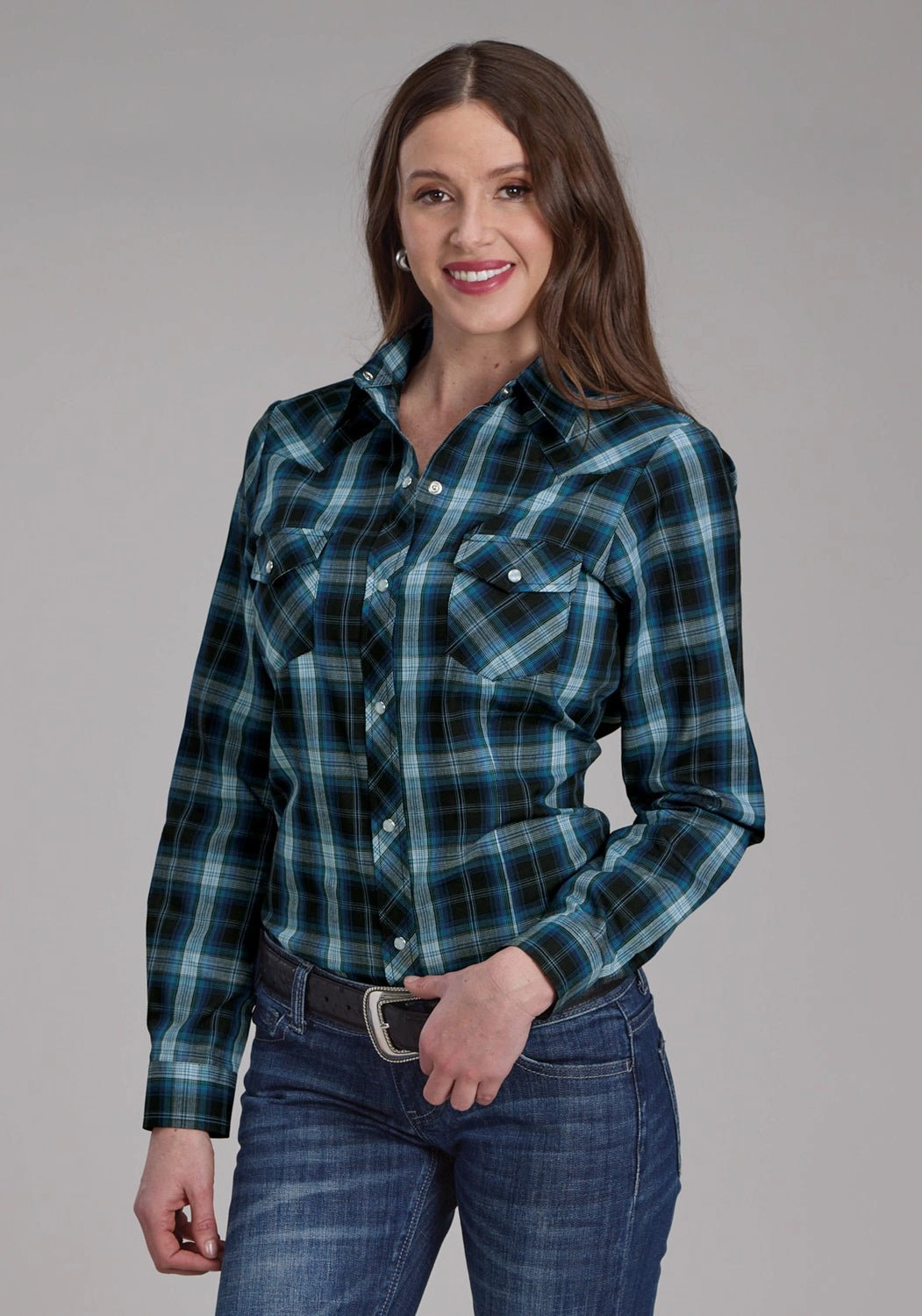 Graduation Attire Roper Womens 2128 Windowpane Plaid Multi Blue Cotton Blend L/S Shirt