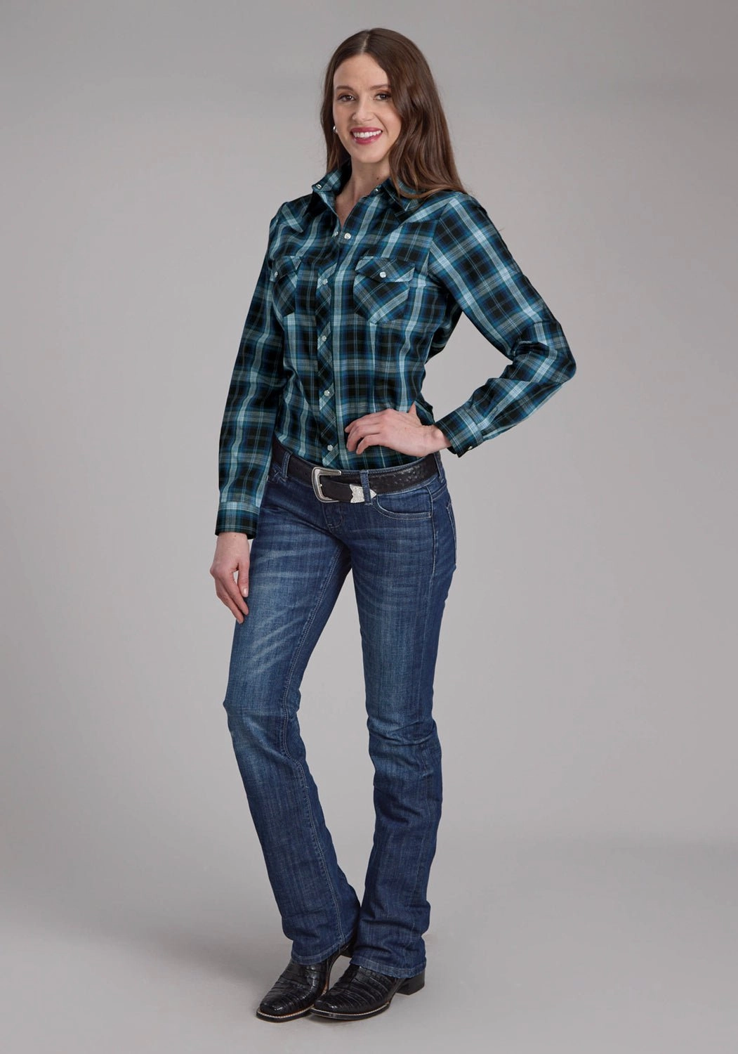 Roper Womens 2128 Windowpane Plaid Multi Blue Cotton Blend L/S Shirt Minimalist Aesthetic