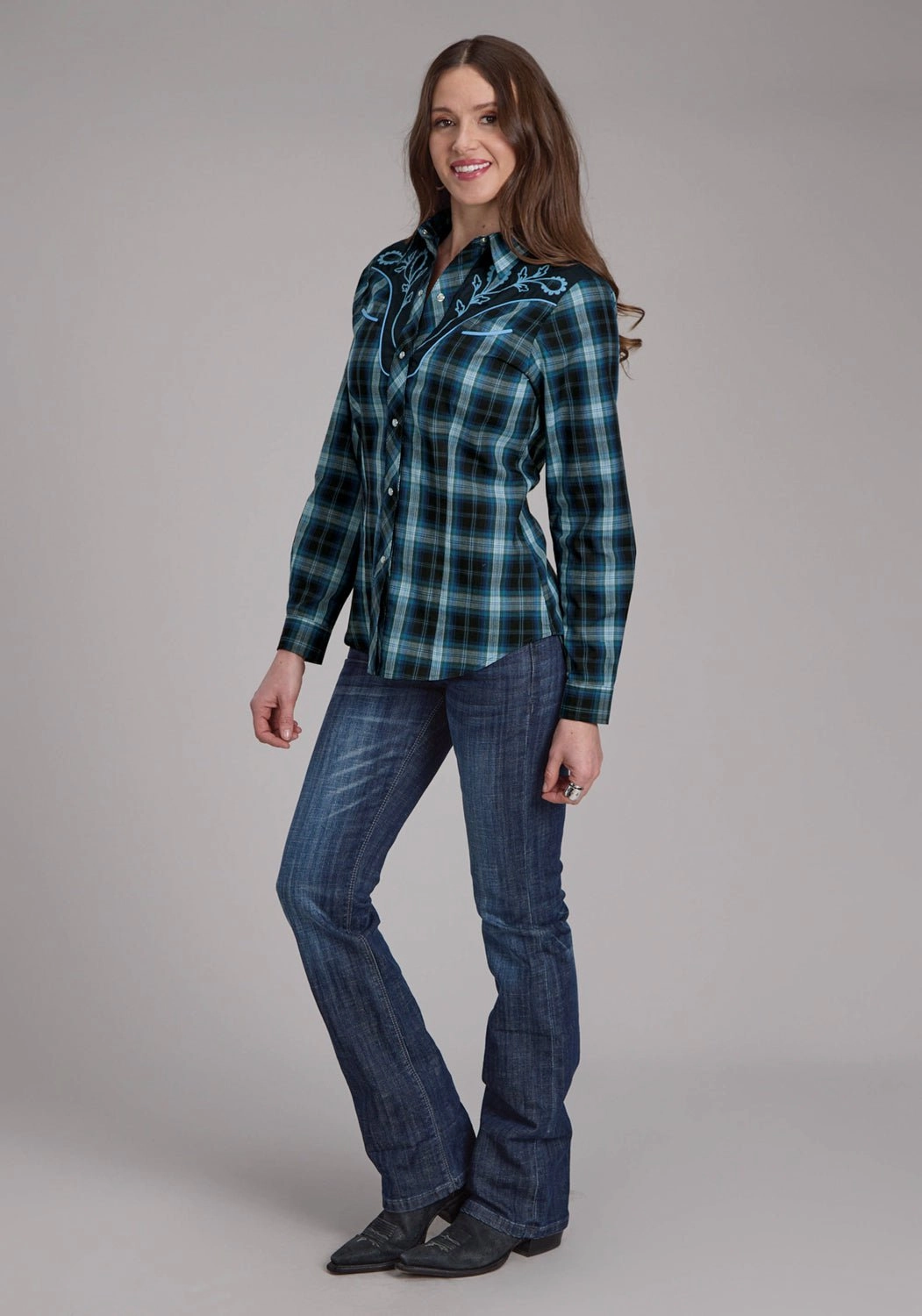 Spring Trend Smooth Texture Roper Womens 2128 Windowpane Plaid Multi Blue Cotton Blend L/S Shirt