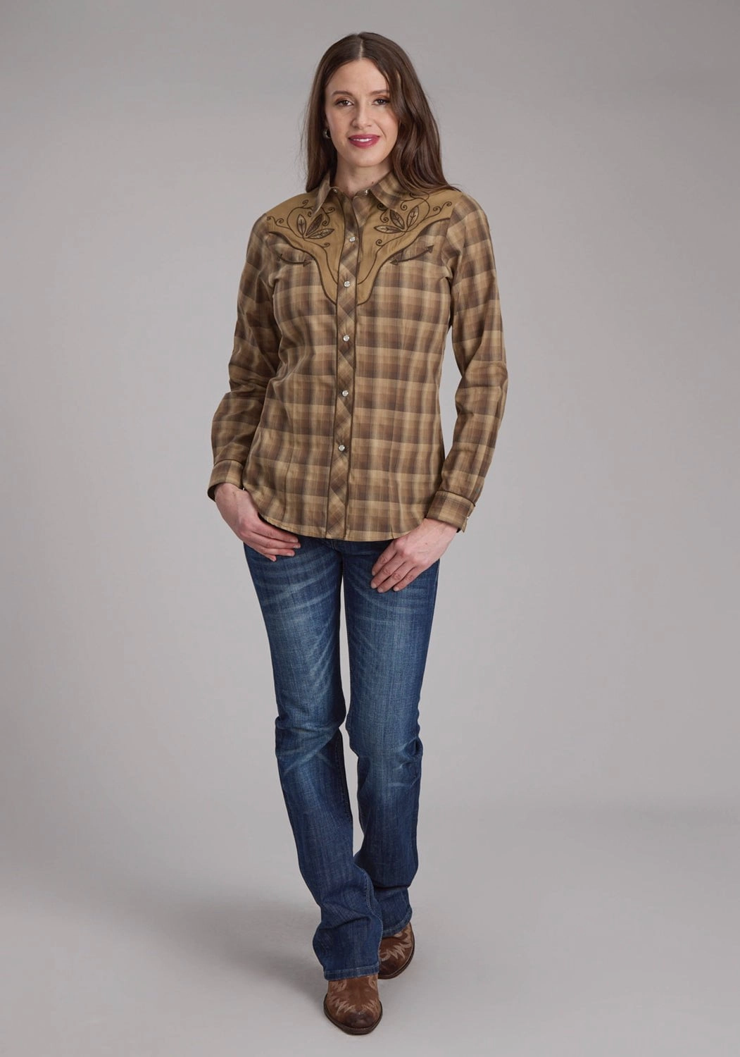 Roper Womens 2129 Ombre Plaid Brown/Tan Cotton Blend L/S Shirt Comfortable fit