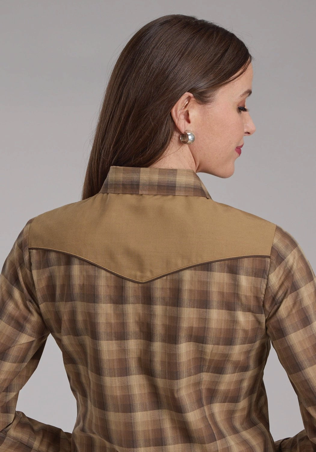 Roper Womens 2129 Ombre Plaid Brown/Tan Cotton Blend L/S Shirt Current Style