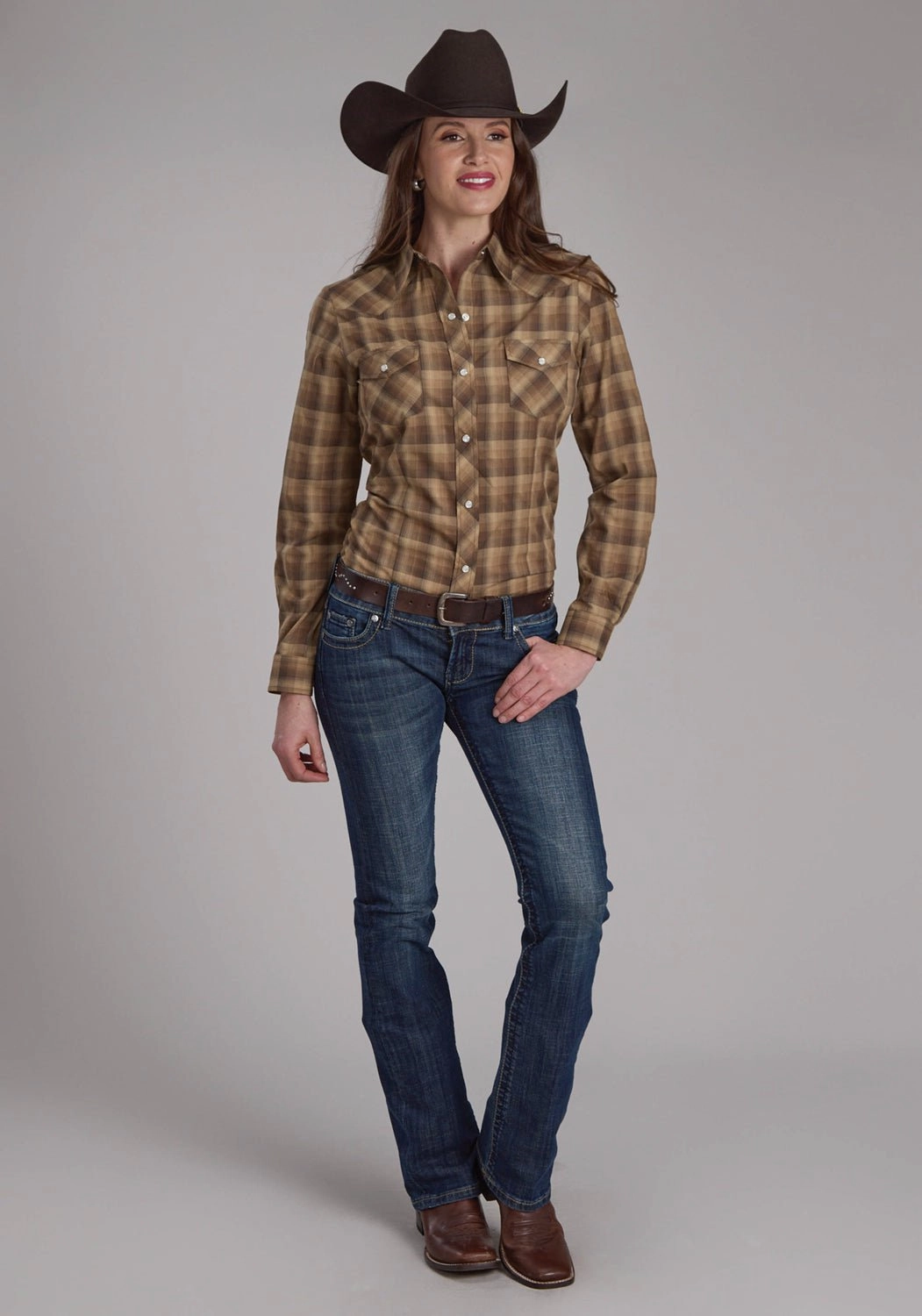 Performance Fabric Roper Womens 2129 Ombre Plaid Brown/Tan Cotton Blend L/S Shirt