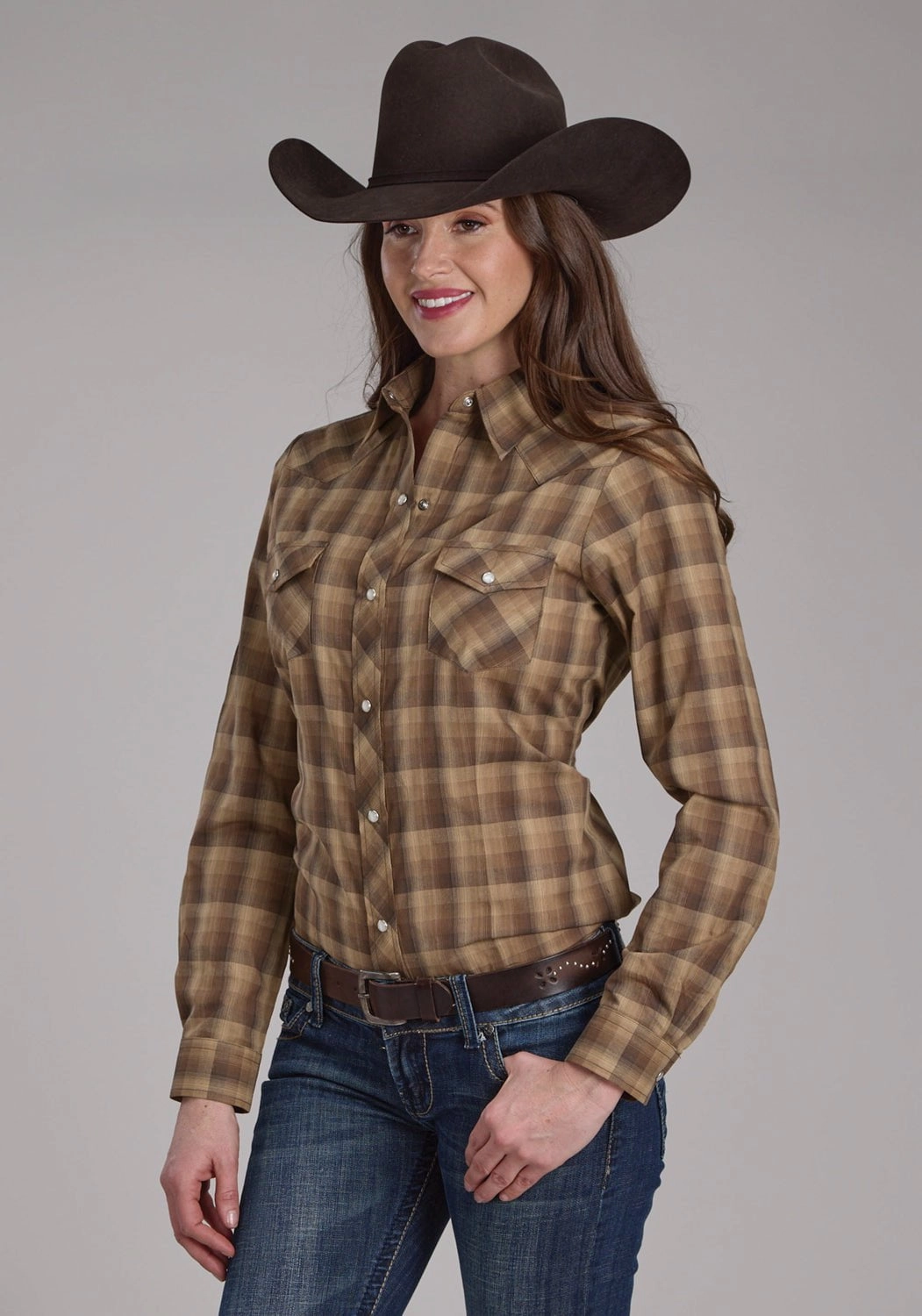 Roper Womens 2129 Ombre Plaid Brown/Tan Cotton Blend L/S Shirt All Purpose Weave Design Trendsetting