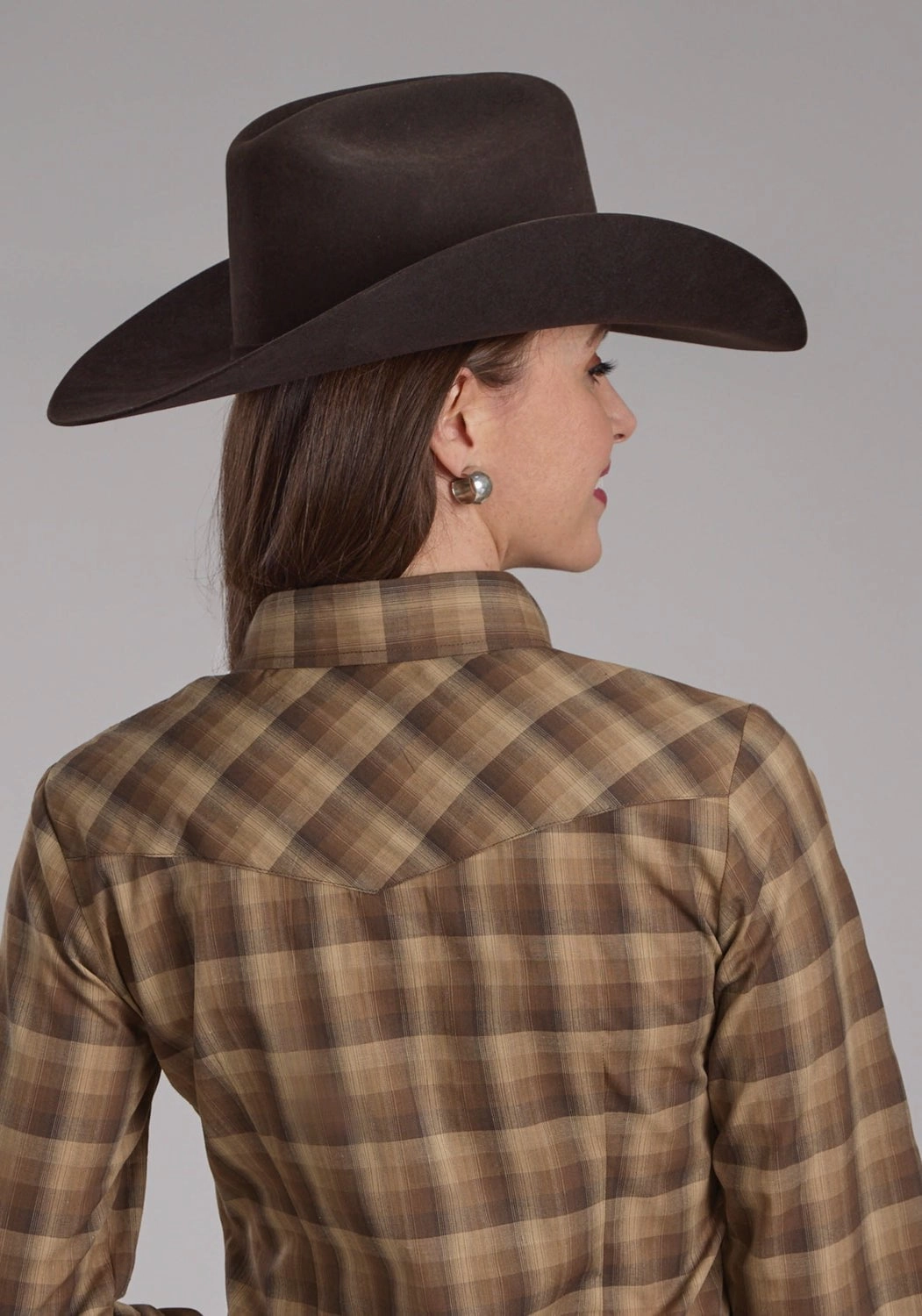 First Date No Bulk Layering System Roper Womens 2129 Ombre Plaid Brown/Tan Cotton Blend L/S Shirt