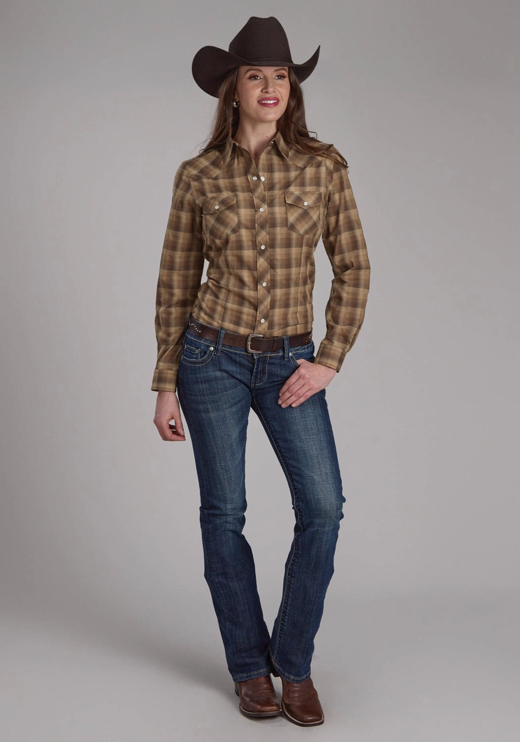 Trendsetter Choice Solid Hue Roper Womens 2129 Ombre Plaid Brown/Tan Cotton Blend L/S Shirt