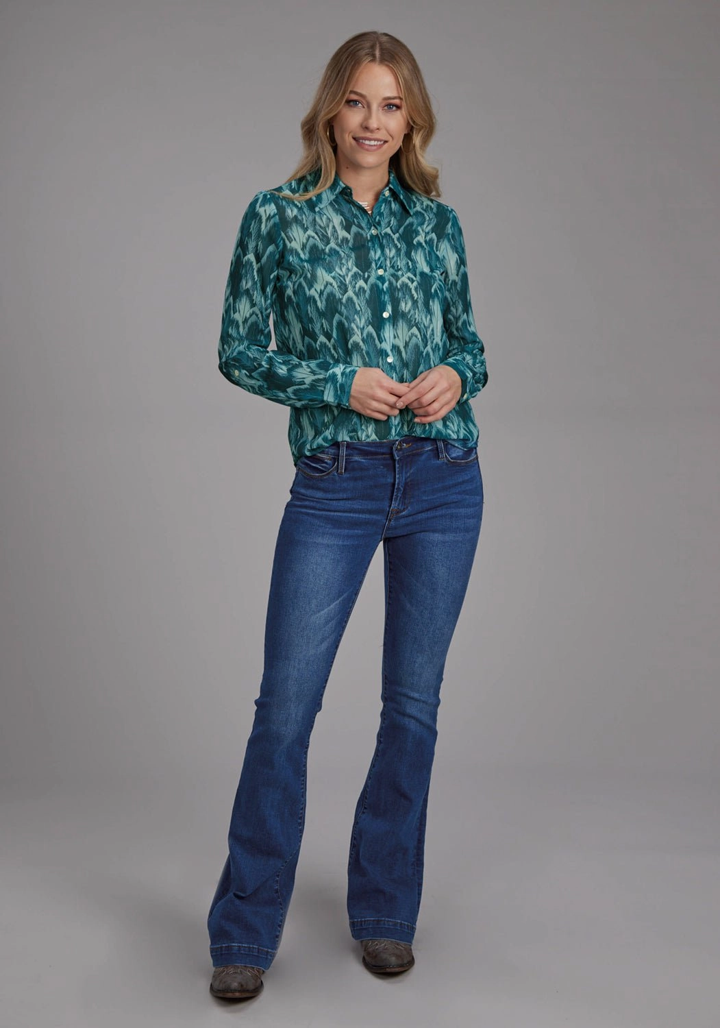 Roper Womens 2135 Feather Teal 100% Polyester L/S Blouse handmade touch