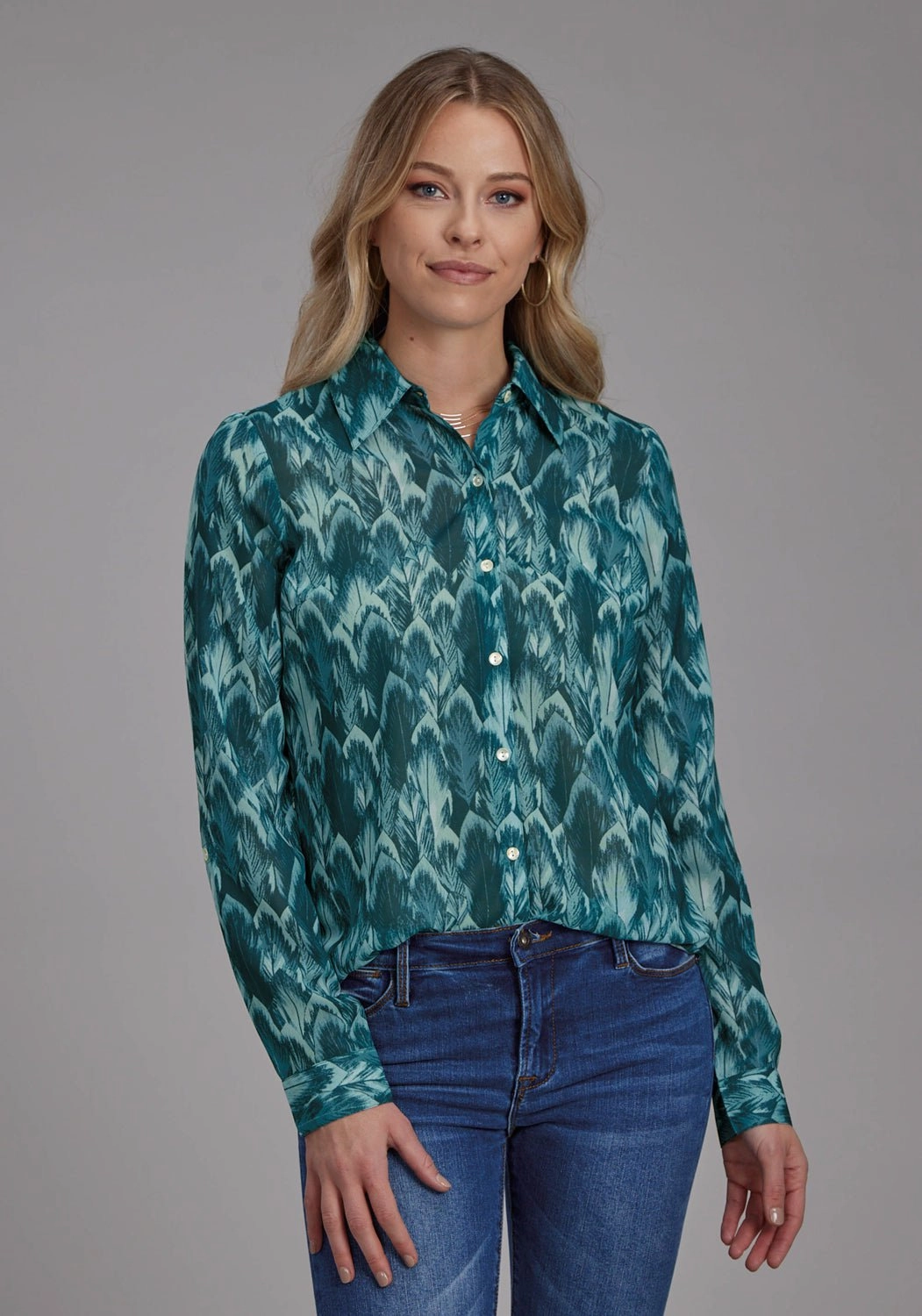 Roper Womens 2135 Feather Teal 100% Polyester L/S Blouse Morning Comfort