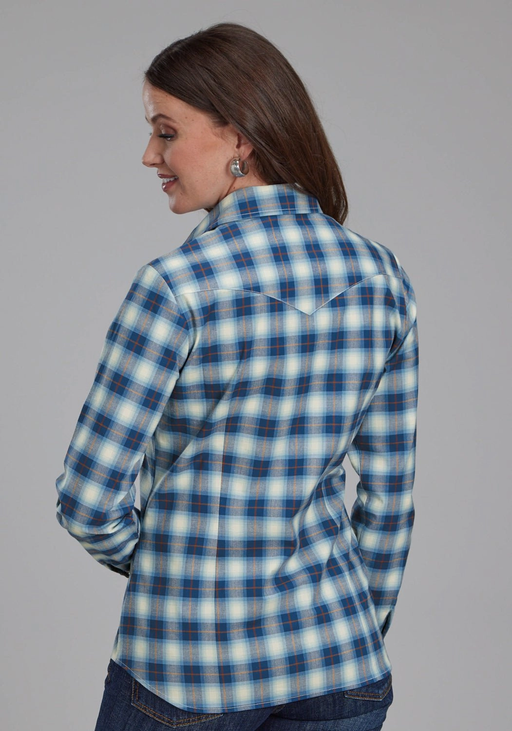 Roper Womens 2164 Stretch Plaid Blue Cotton Blend L/S Shirt Cocktail Party