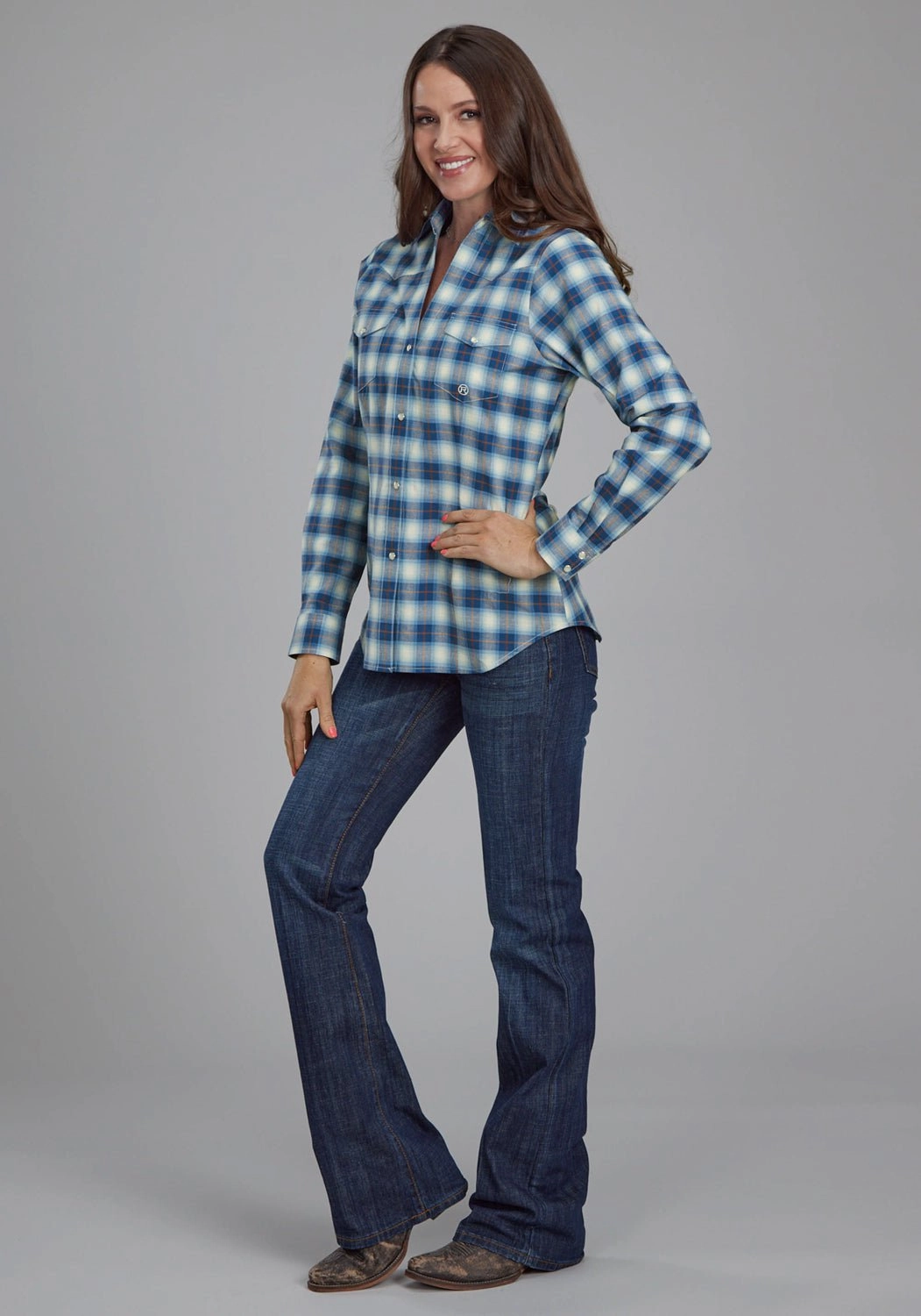 Ergonomic Sleeve Cut Customizable Option Roper Womens 2164 Stretch Plaid Blue Cotton Blend L/S Shirt