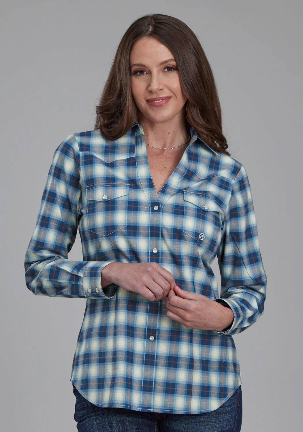 Date night Dressy look Roper Womens 2164 Stretch Plaid Blue Cotton Blend L/S Shirt
