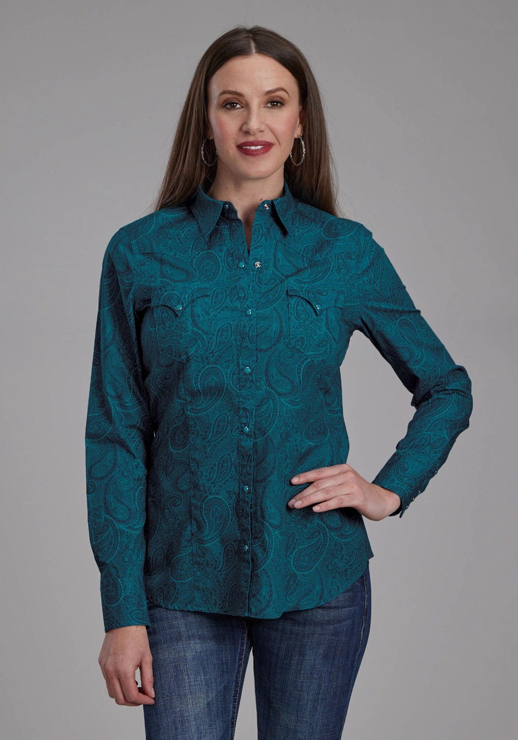 Roper Womens 2167 Tonal Paisley Green 100% Cotton L/S Shirt Summer Fashion