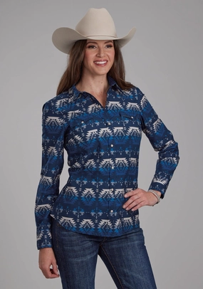 Roper Womens 2168 Ombre Aztec Blue 100% Cotton L/S Shirt High-End Fashion Polished Placket