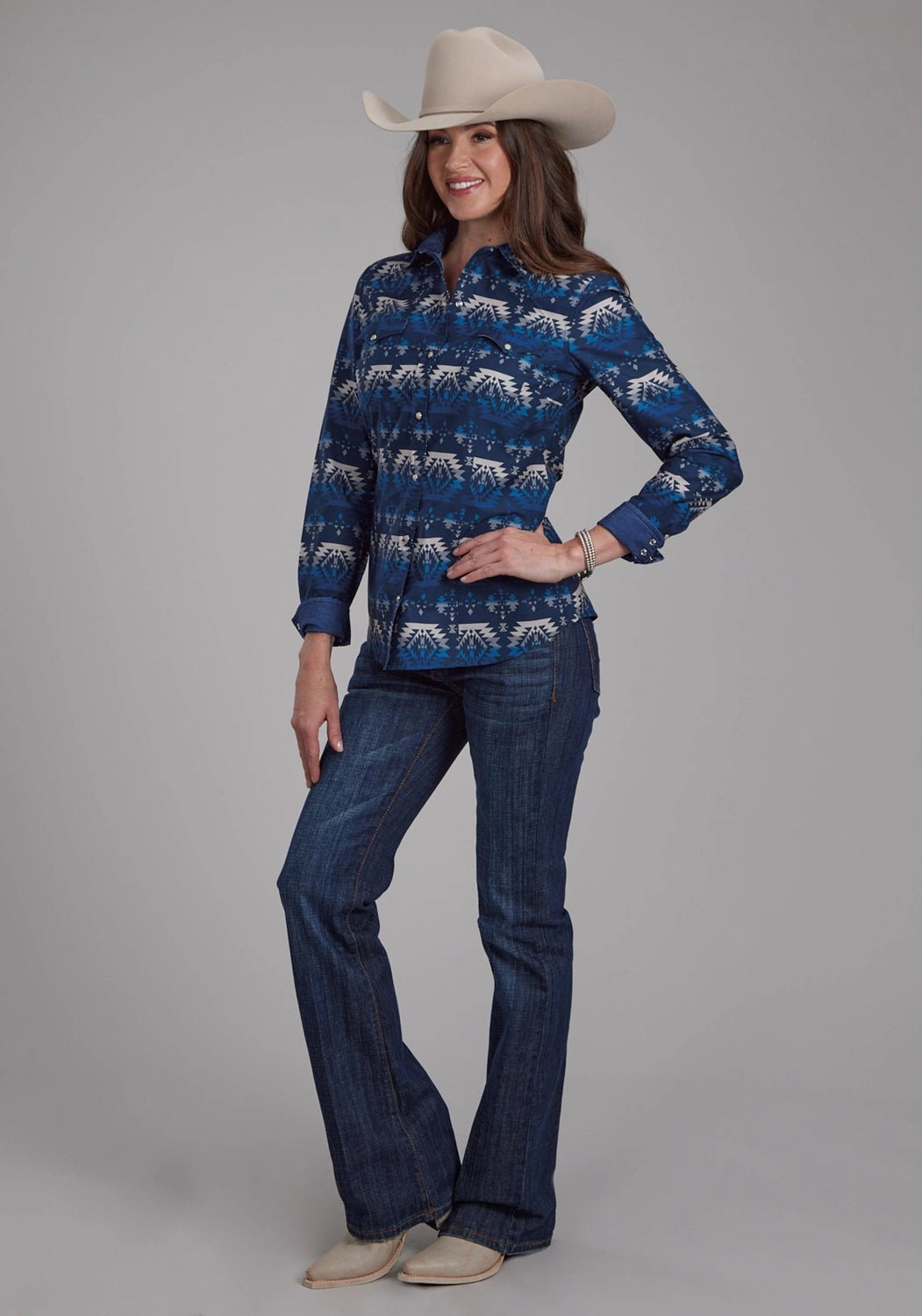 Roper Womens 2168 Ombre Aztec Blue 100% Cotton L/S Shirt All Day Comfort Tech