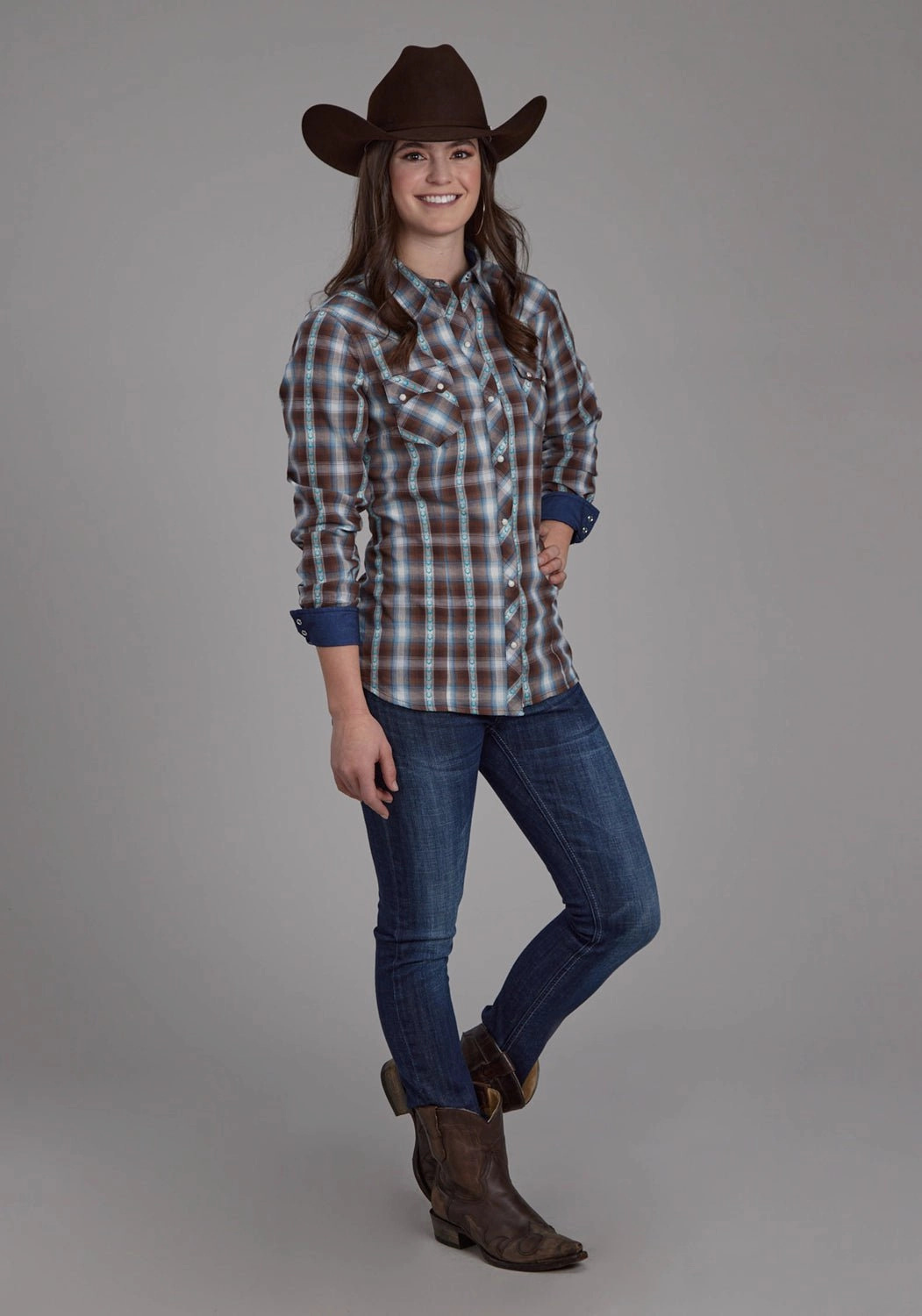 Thermoregulating Fabric Roll-Up Sleeve Roper Womens 2169 Horseshoe Dobby Brown 100% Cotton L/S Shirt